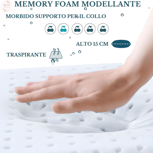 DREAM HAVEN Cuscino Alto 15 cm, Cuscino Memory Foam Forato con Federa Ossigeno Traspirante, Antiacaro, Antirughe e Anallergica, Cuscino Letto Ergonomico Made in Italy